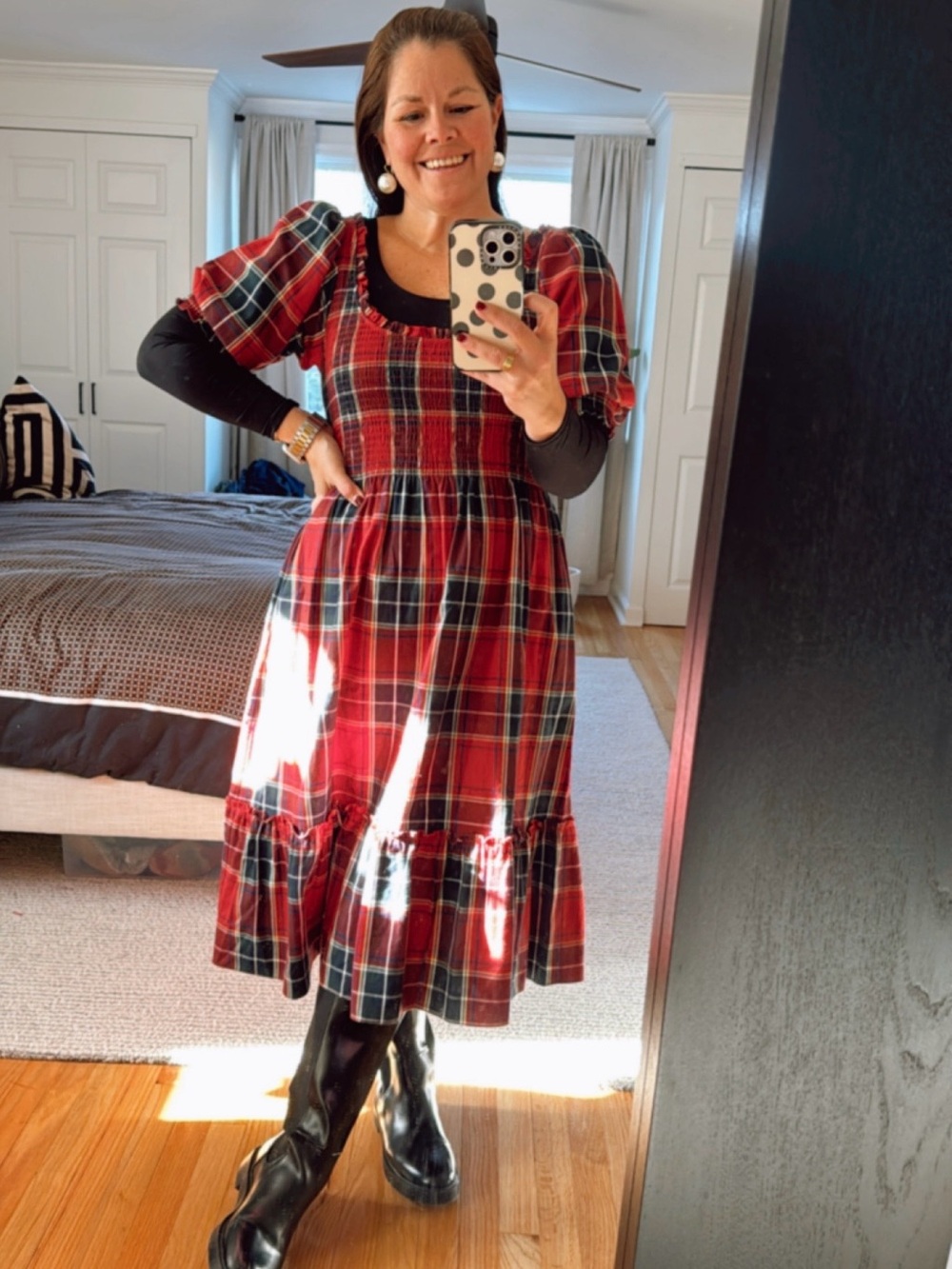 Hill House Home The Nap Dress Red Tartan Plaid Smocked Midi Dress – Size M